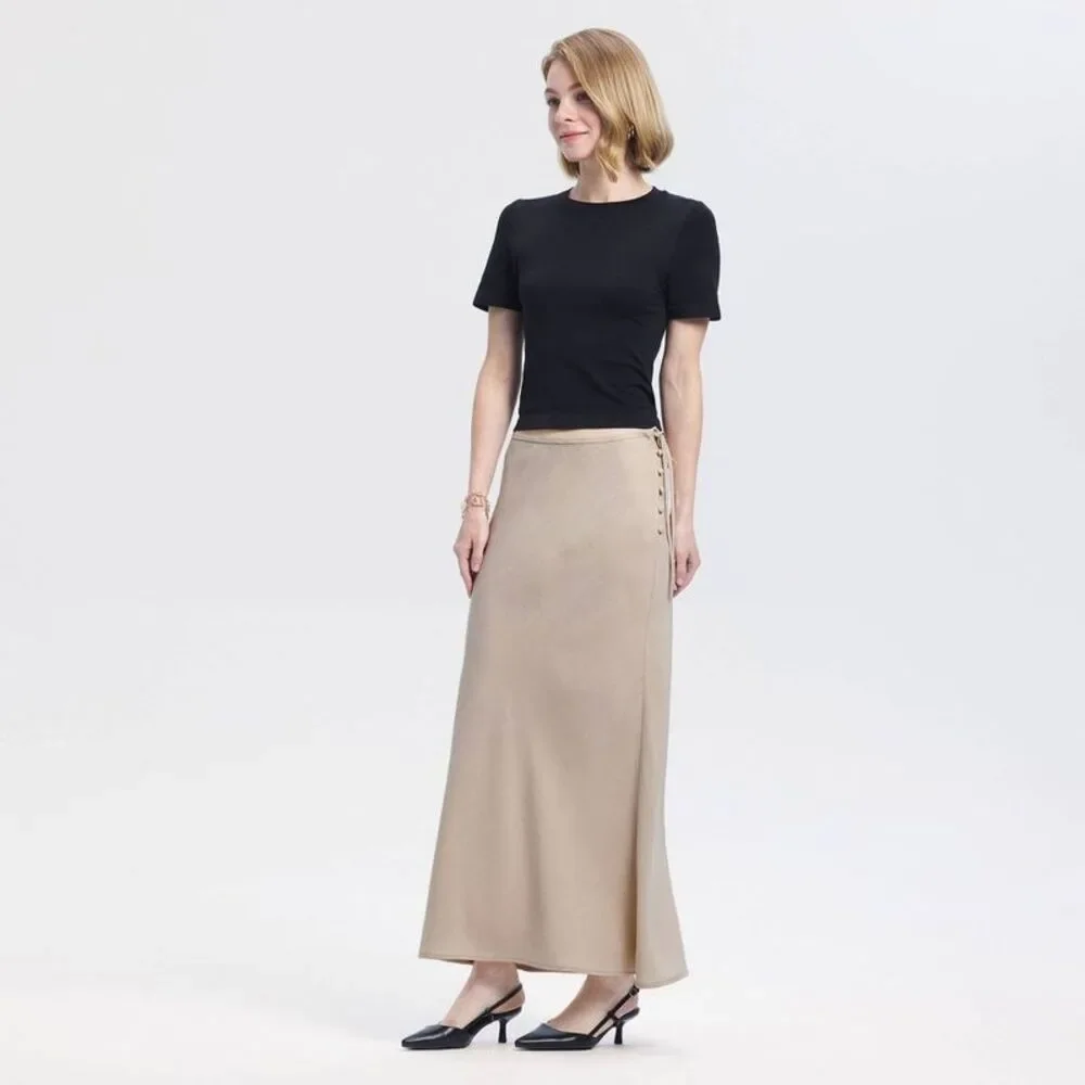 Women's Mid-Rise Side-Tie Woven Maxi Skirt - A New Day Oatmeal S